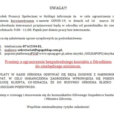 Informacja dot. przyjmowania interesantów od dnia 16.03.2020 r.